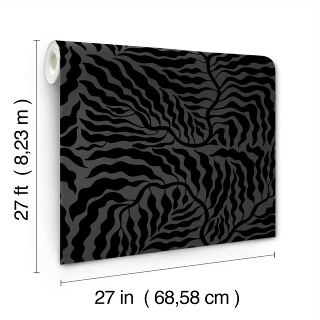 Fern Fronds Black Wallpaper with Metallic Effect - York AG2062