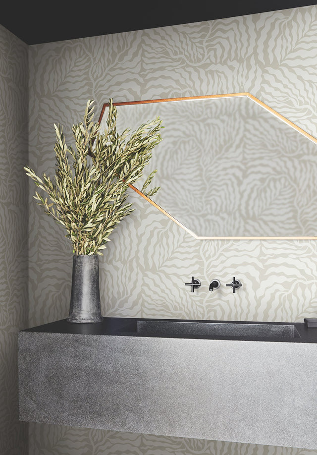 Fern Fronds Taupe & White Wallpaper with Modern Botanical Pattern - York AG2063