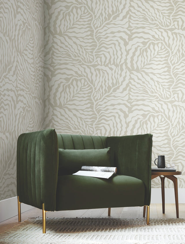 Fern Fronds Taupe & White Wallpaper with Modern Botanical Pattern - York AG2063