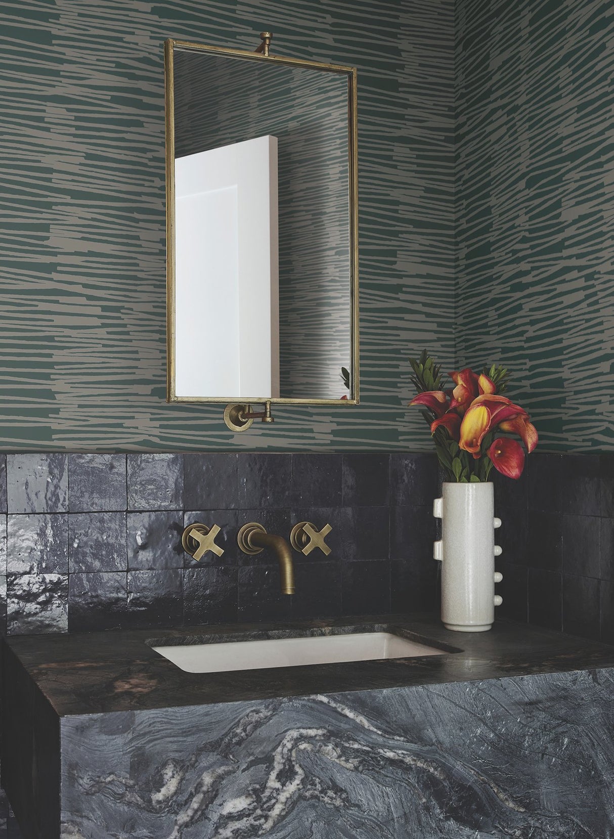 Water Reed Thatch Forest & Silver Wallpaper with Metallic Modern Bohemian Stripe Texture - York AG2094