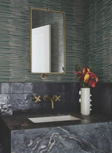 Water Reed Thatch Forest & Silver Wallpaper with Metallic Modern Bohemian Stripe Texture - York AG2094