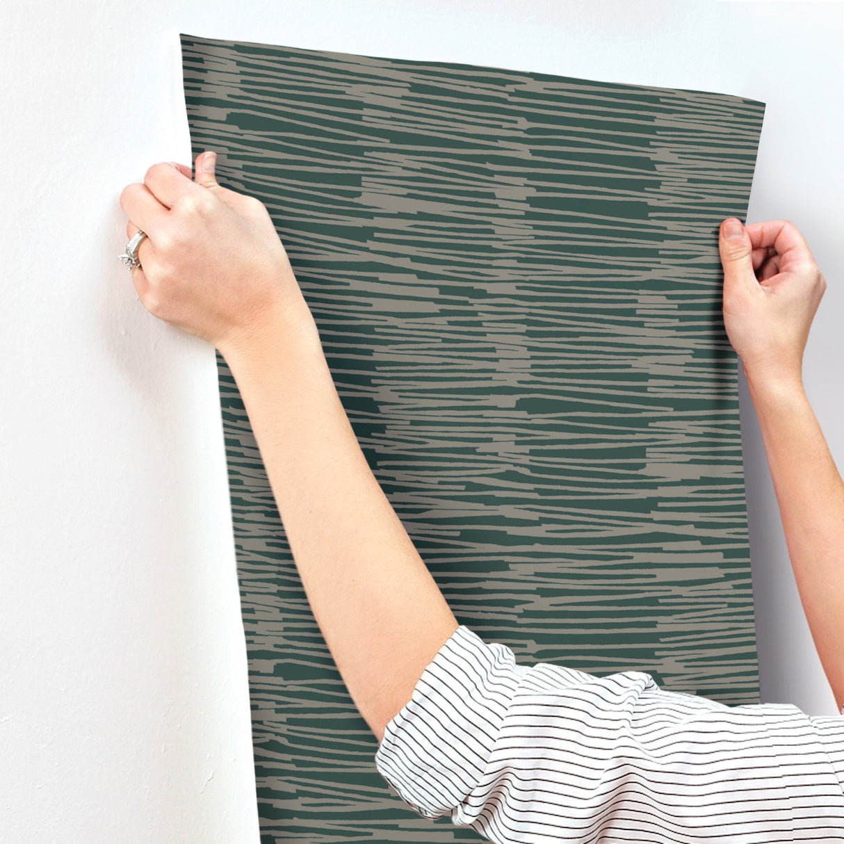 Water Reed Thatch Forest & Silver Wallpaper with Metallic Modern Bohemian Stripe Texture - York AG2094