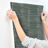 Water Reed Thatch Forest & Silver Wallpaper with Metallic Modern Bohemian Stripe Texture - York AG2094