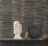 Water Reed Thatch Black & Gold Wallpaper with Metallic Modern Bohemian Striped Motif - York AG2095