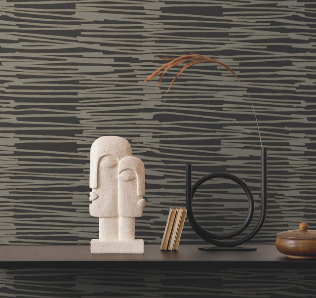 Water Reed Thatch Black & Gold Wallpaper with Metallic Modern Bohemian Striped Motif - York AG2095