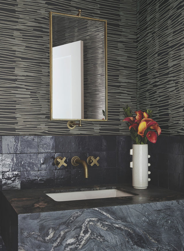Water Reed Thatch Black & Gold Wallpaper with Metallic Modern Bohemian Striped Motif - York AG2095