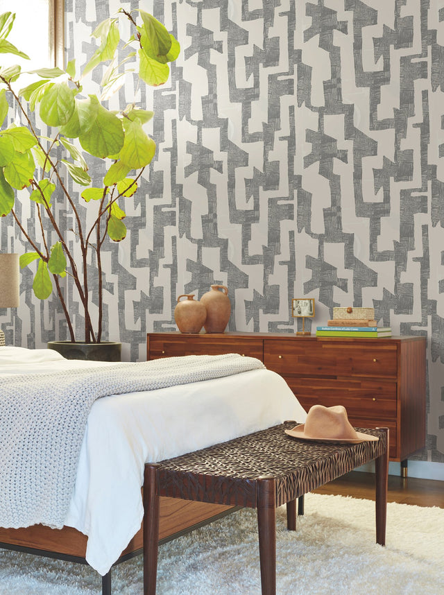 Modern Tribal Linen & Charcoal Wallpaper with Textured Geometric Pattern - York AG2101