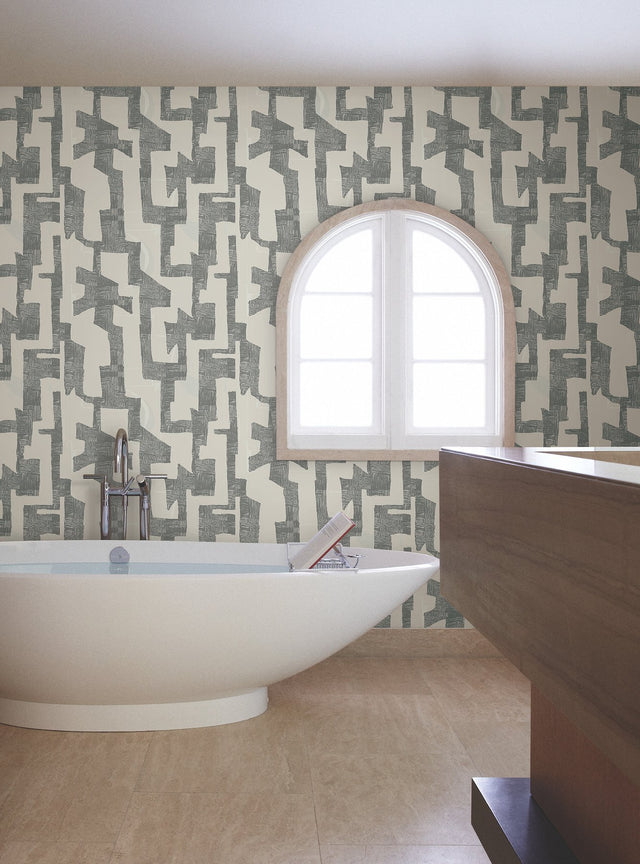 Modern Tribal Linen & Charcoal Wallpaper with Textured Geometric Pattern - York AG2101