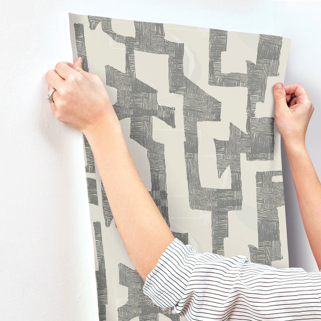 Modern Tribal Linen & Charcoal Wallpaper with Textured Geometric Pattern - York AG2101
