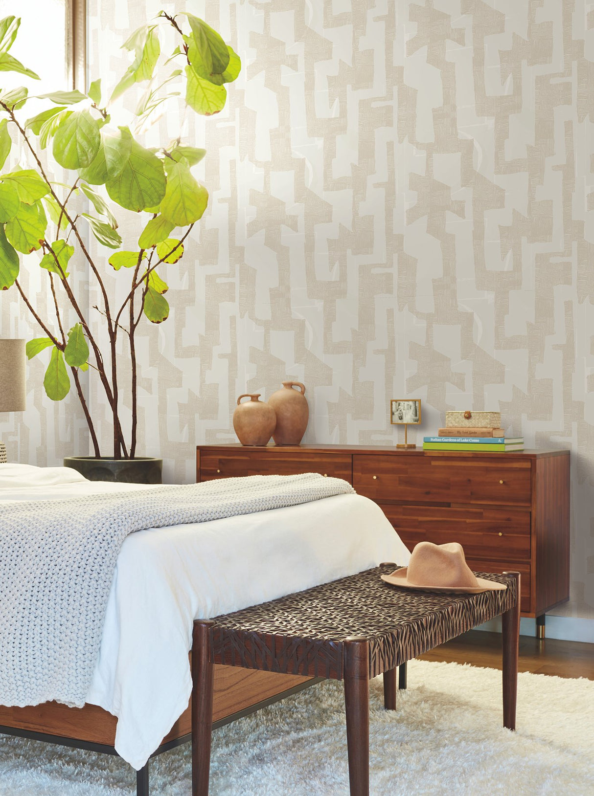 Modern Tribal Caramel & Cream Wallpaper with Textured Pearl Geometric Pattern - York AG2103