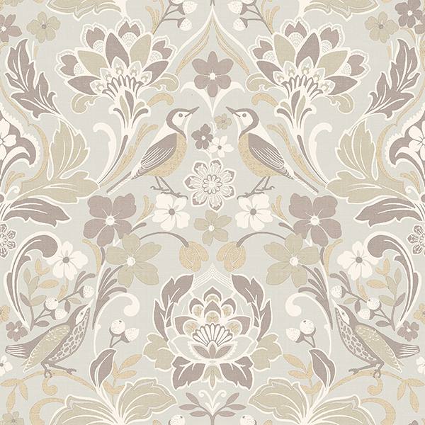 Arthouse Birdy Neutral Nuthatch Floral Wallpaper – roll and room setting