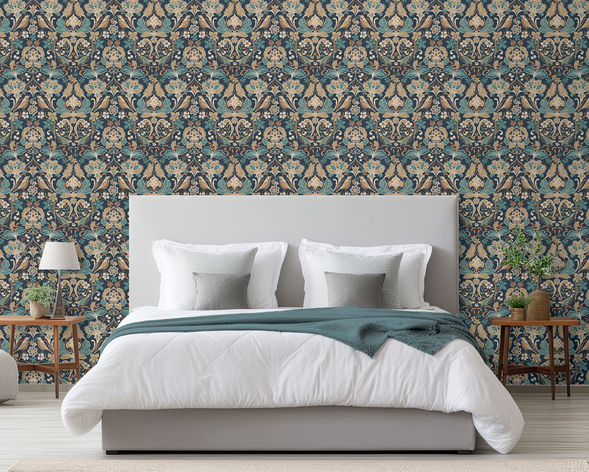 Birdy Navy by Arthouse Nuthatch Floral Wallpaper – Brewster Home Fashions AH100197AH