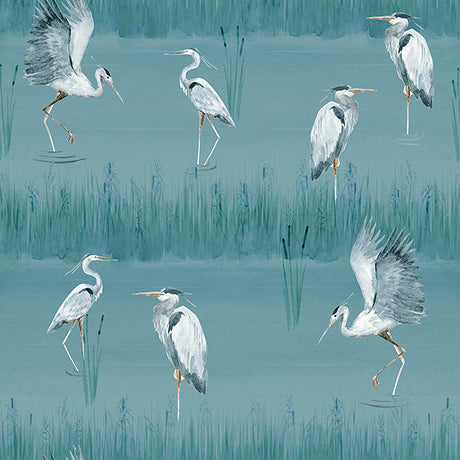 Gerald Blue Heron River wallpaper in blue with herons and reeds