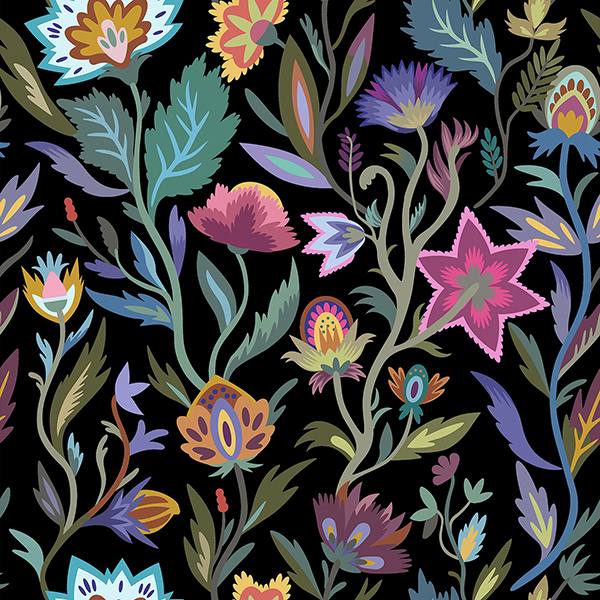 Arthouse Mallory Black Vivid Floral Wallpaper roll and pattern on black background