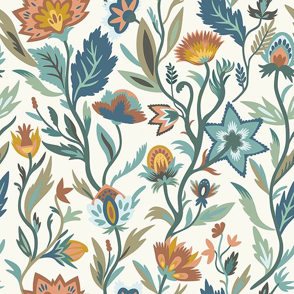 Mallory Blue Vivid Floral Wallpaper by Arthouse showing teal and orange stylized flowers on white.