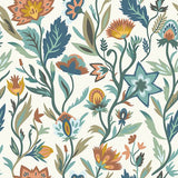 Mallory Blue Vivid Floral Wallpaper by Arthouse showing teal and orange stylized flowers on white.
