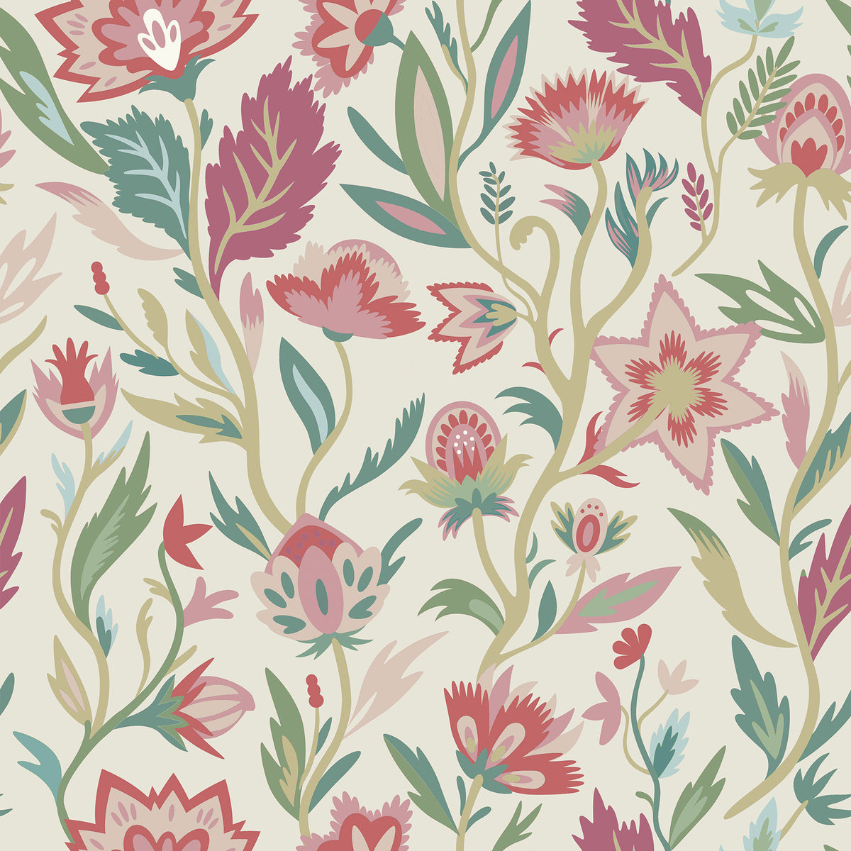 Mallory Pink Vivid Floral Wallpaper by Arthouse AH100382AH - Vibrant botanical flowers in pinks, greens, and teal on a cream background