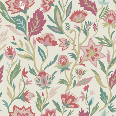Mallory Pink Vivid Floral Wallpaper by Arthouse AH100382AH - Vibrant botanical flowers in pinks, greens, and teal on a cream background