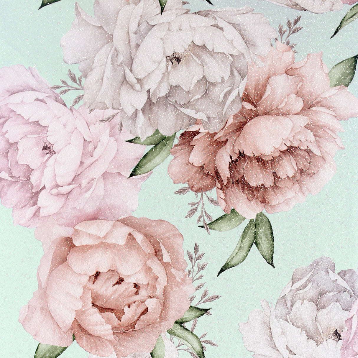 Arthouse Sophie Mint Floral wallpaper with blush and cream peonies on a mint backdrop