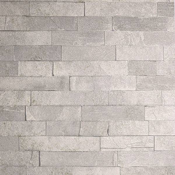 Mortimer Taupe Brick Wallpaper showing stacked stone design in warm taupe.