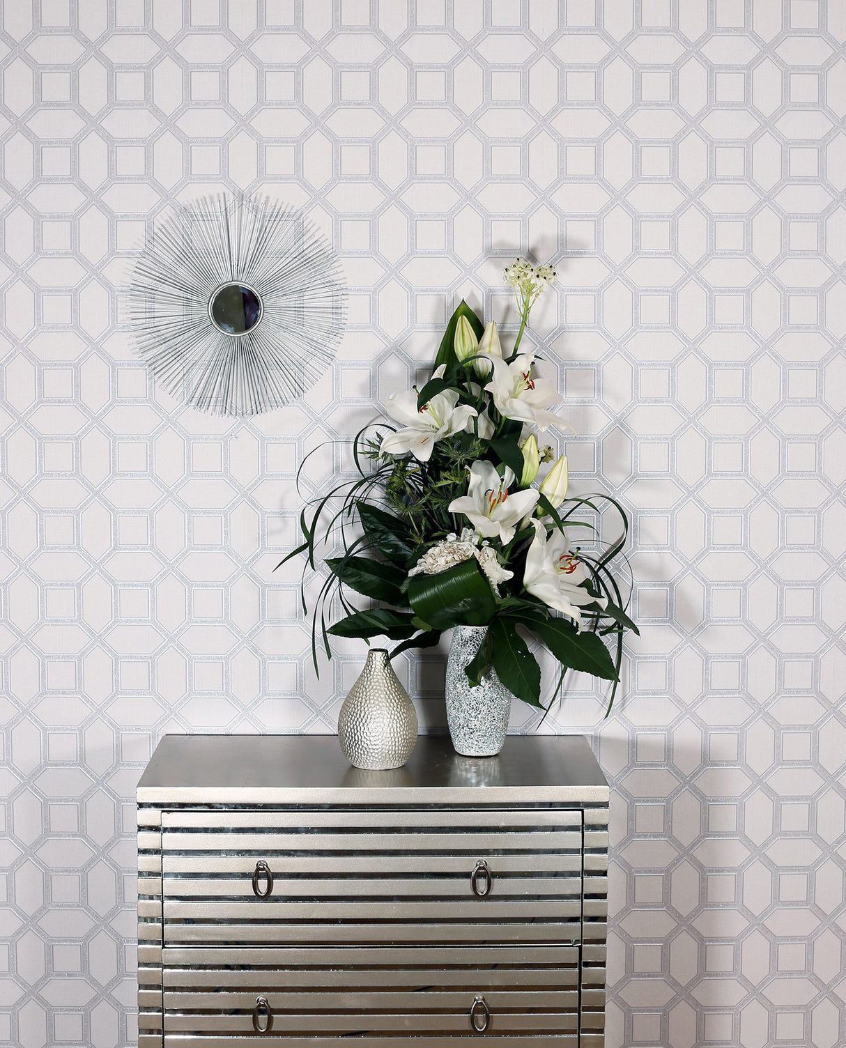 Marjorie Silver Trellis by Arthouse Textured Metallic Wallpaper – Brewster Home Fashions AH295603