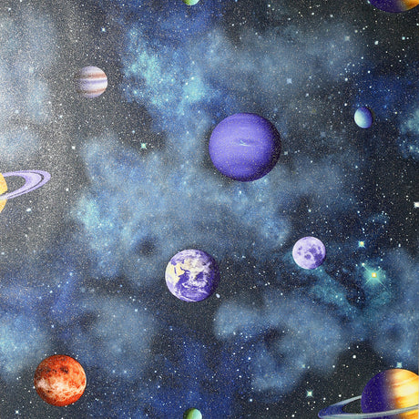 Albert Blue Cosmos vinyl wallpaper with planets and stars on deep blue sky