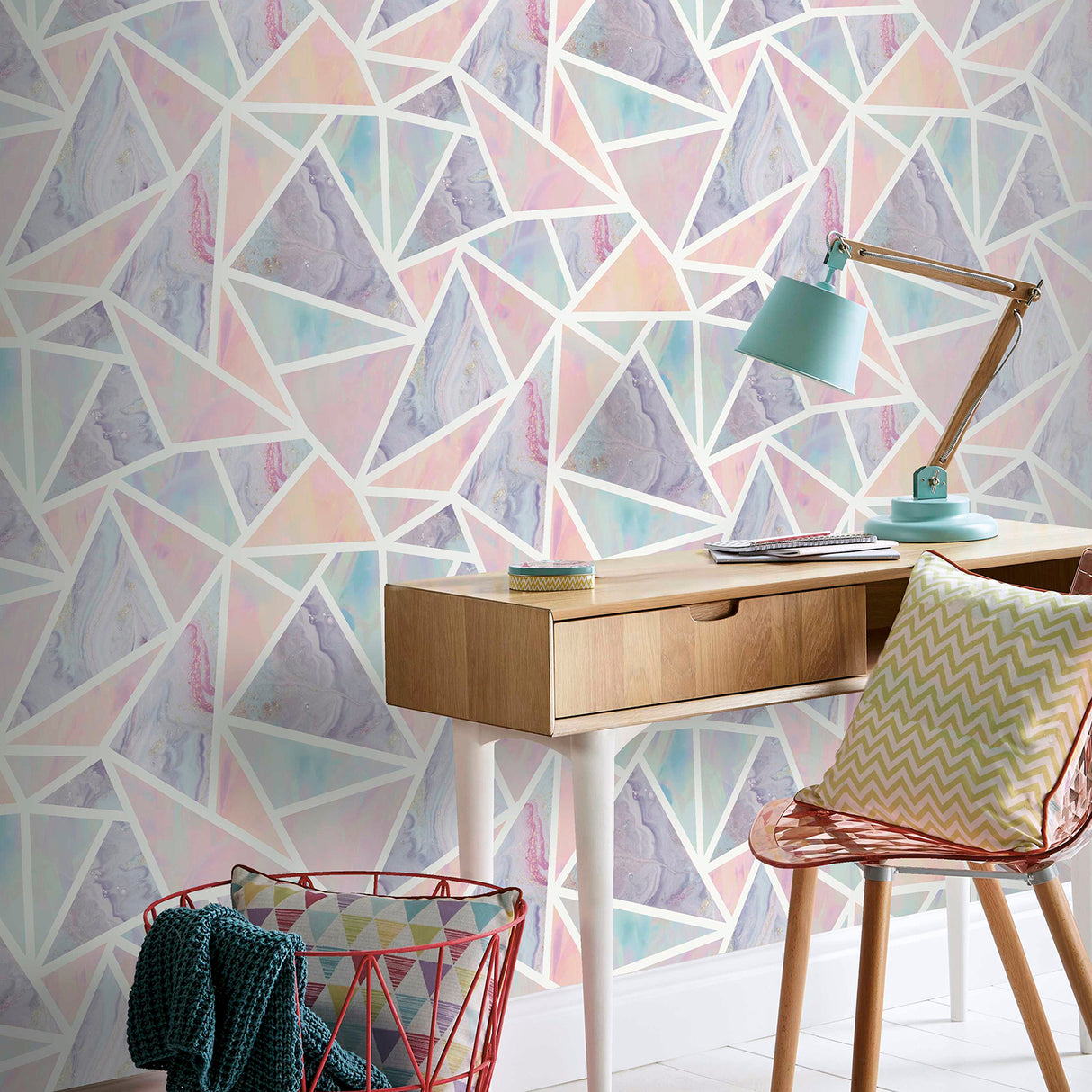 Lizzie Pastel Triangles Pastel by Arthouse Geometric Glitter Wallpaper – Brewster Home Fashions AH296002