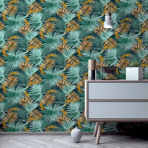 Esau Teal by Arthouse Jungle Palms Wallpaper – Brewster Home Fashions AH296005