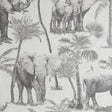 Adelia Neutral Elephant Grove Wallpaper roll showing charcoal elephants and palms on pale grey ground