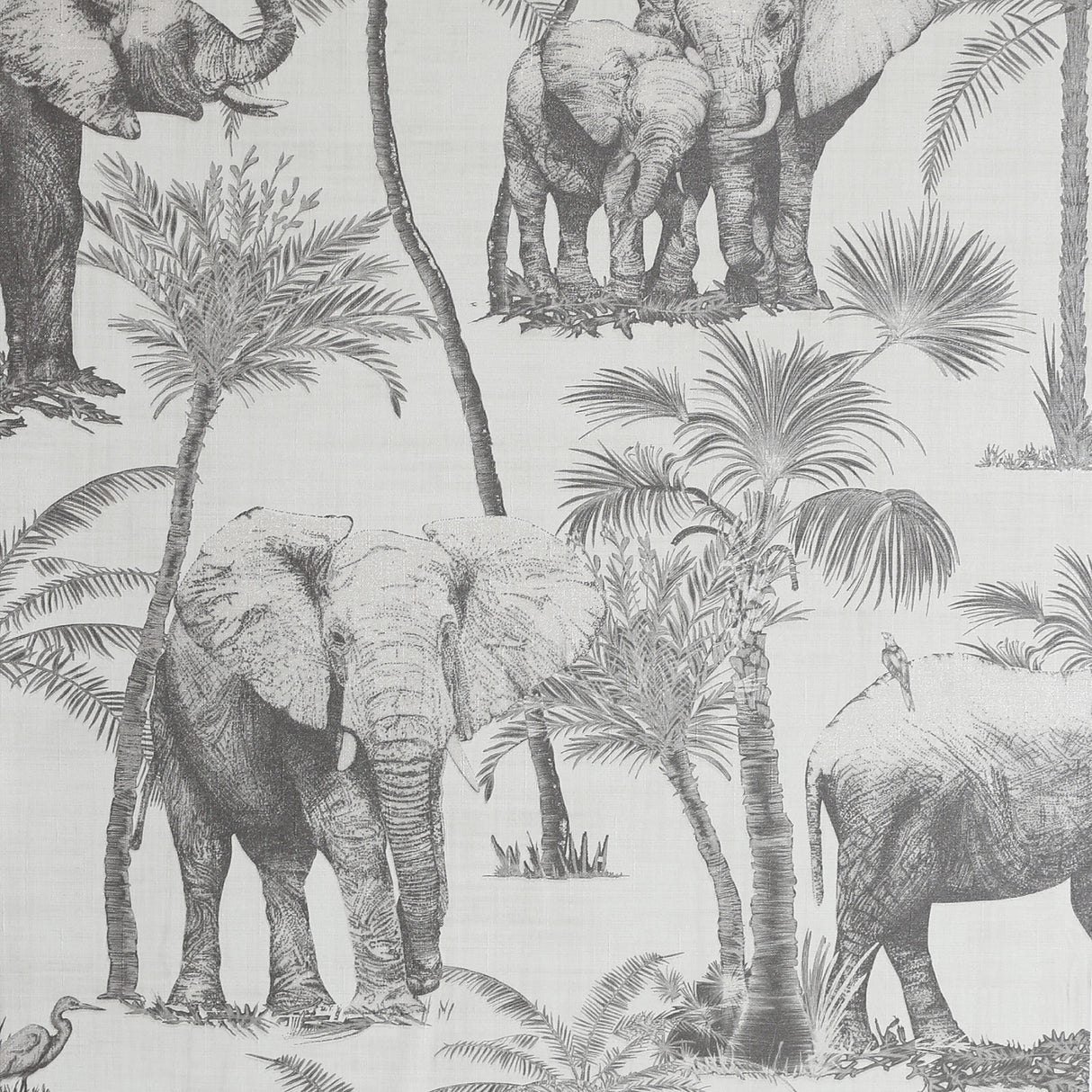 Adelia Neutral Elephant Grove Wallpaper roll showing charcoal elephants and palms on pale grey ground