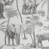 Adelia Neutral Elephant Grove Wallpaper roll showing charcoal elephants and palms on pale grey ground