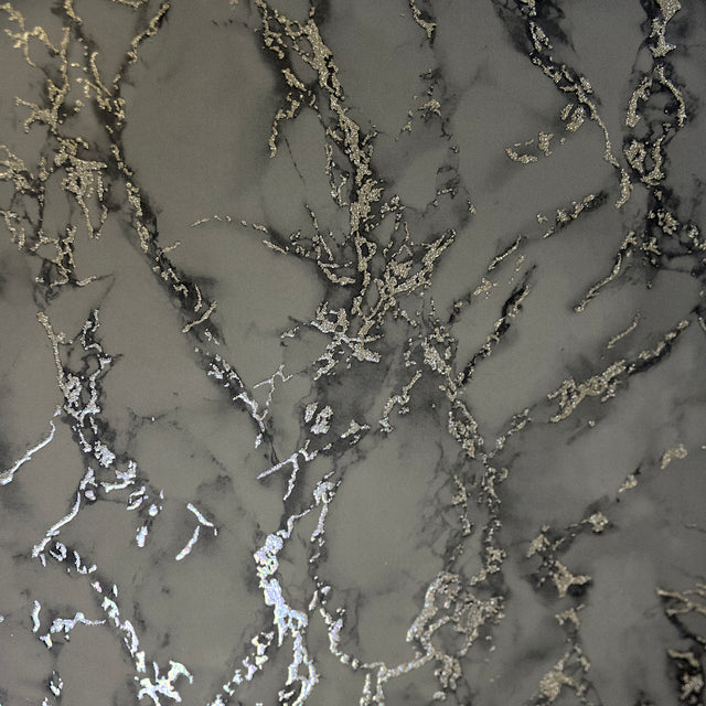 Siward Charcoal Metallic Marble wallpaper roll showing metallic veining on smoky charcoal ground.