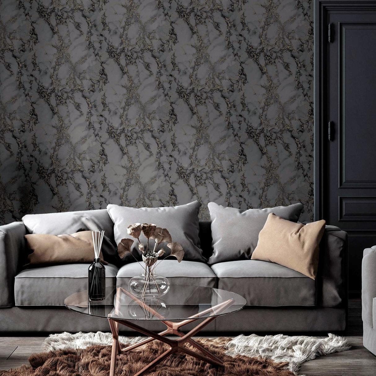 Siward Charcoal Metallic Marble by Arthouse Wallpaper – Brewster Home Fashions AH296702