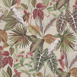 Lorraine Neutral Tropical Wallpaper by Arthouse featuring cockatoos and layered foliage on a beige linen-look background