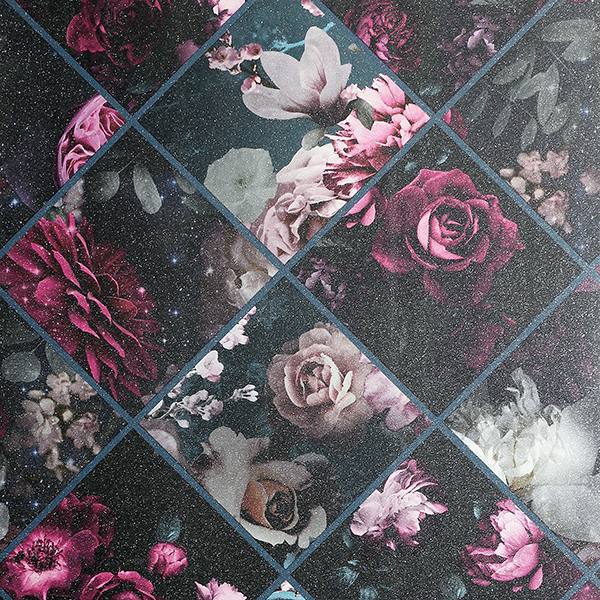 Gianna Purple Floral Squares Wallpaper swatch with glittered floral diamond grid by Arthouse/Brewster, AH297100
