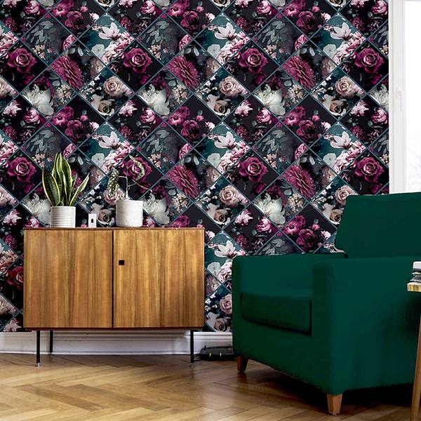 Gianna Purple by Arthouse Floral Squares Wallpaper – Brewster Home Fashions AH297100