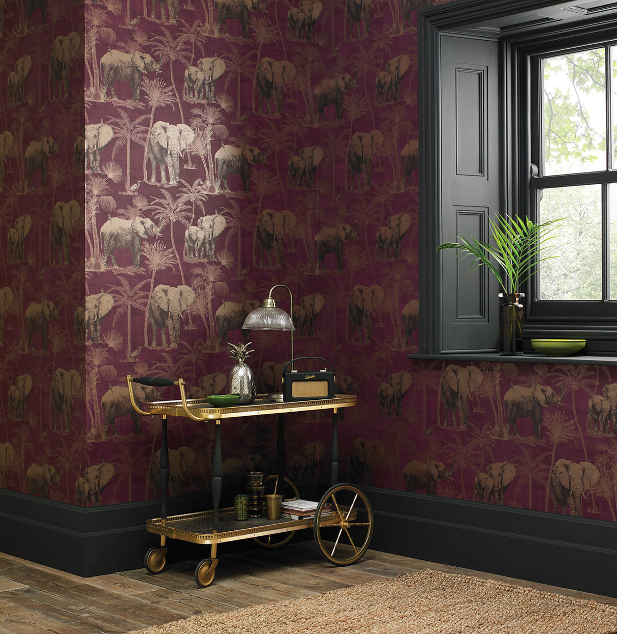 Adelia Maroon by Arthouse Elephant Grove Wallpaper – Brewster Home Fashions AH610701