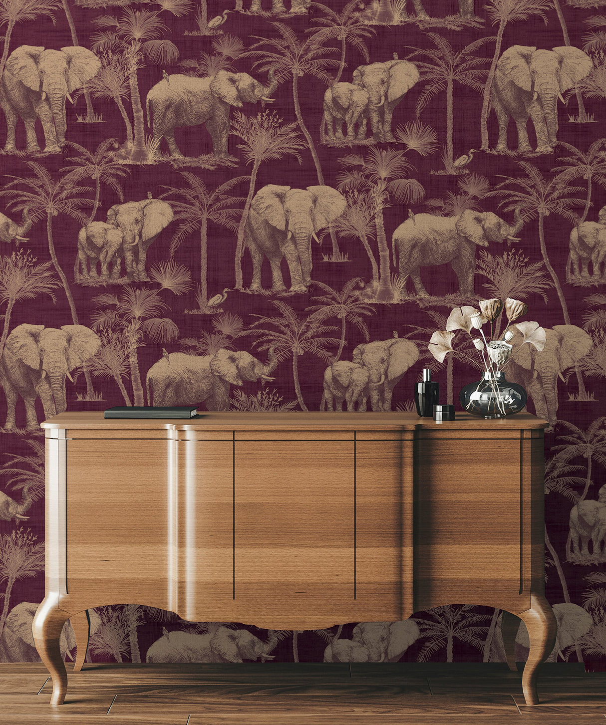 Adelia Maroon by Arthouse Elephant Grove Wallpaper – Brewster Home Fashions AH610701