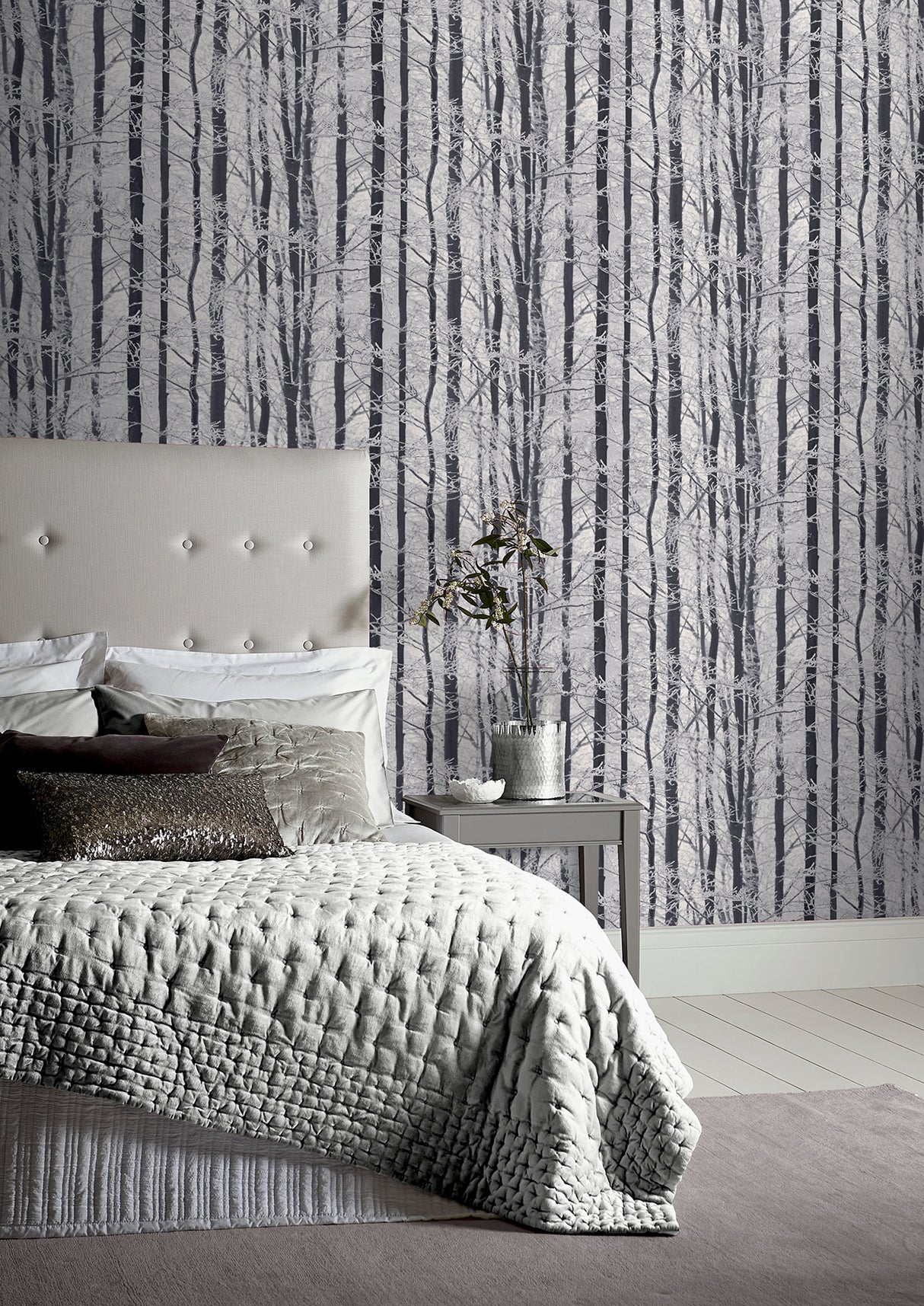 Frosted Winter Grove Silver by Arthouse Photorealistic Trees Wallpaper- Brewster Home Fashions AH670200