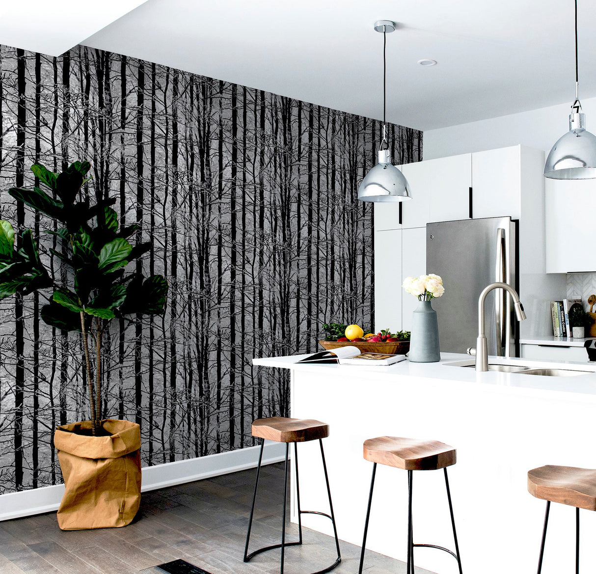 Frosted Winter Grove Silver by Arthouse Photorealistic Trees Wallpaper- Brewster Home Fashions AH670200