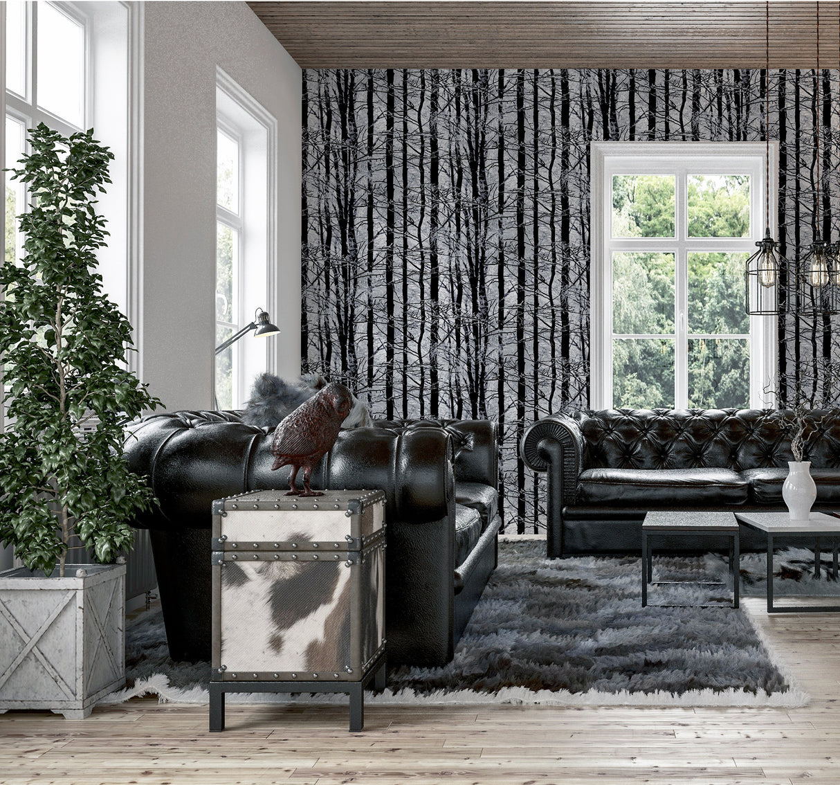Frosted Winter Grove Silver by Arthouse Photorealistic Trees Wallpaper- Brewster Home Fashions AH670200