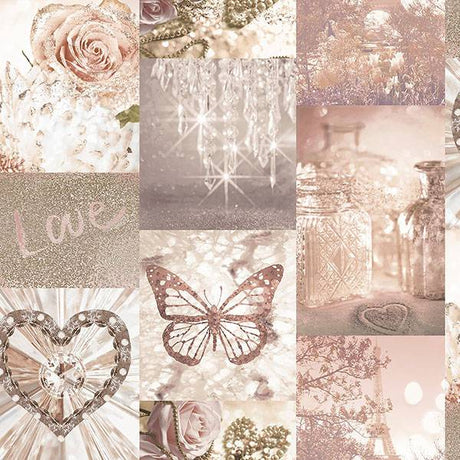Ryo Blush Inspirational Wallpaper by Arthouse featuring hearts, butterflies, roses and glitter in blush tones