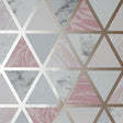 Marcy Pink Triangle Grid Wallpaper by Arthouse with metallic gold outlines and pink, grey, and marbled triangles.