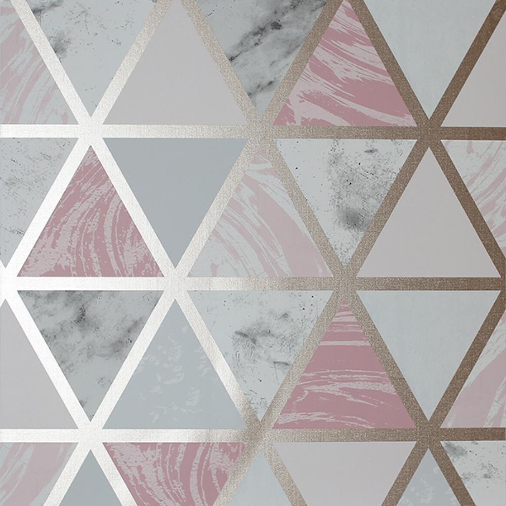 Marcy Pink Triangle Grid Wallpaper by Arthouse with metallic gold outlines and pink, grey, and marbled triangles.