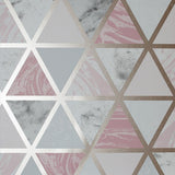 Marcy Pink Triangle Grid Wallpaper by Arthouse with metallic gold outlines and pink, grey, and marbled triangles.
