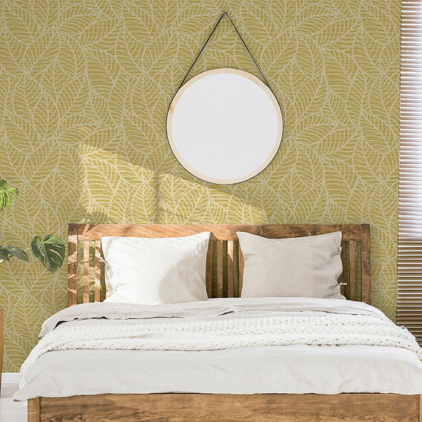 Mavis Mustard by Arthouse Leaf Wallpaper- Brewster Home Fashions AH692506