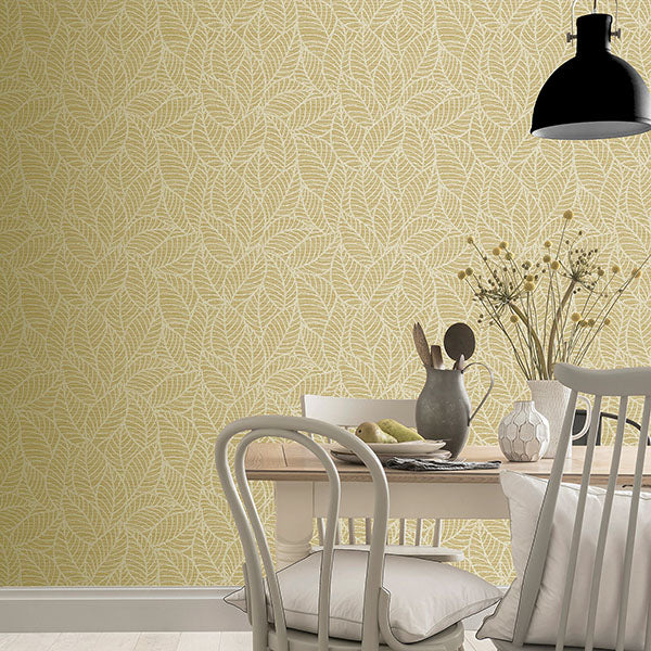 Mavis Mustard by Arthouse Leaf Wallpaper- Brewster Home Fashions AH692506