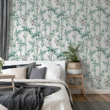Ayumi White Glitter Bamboo by Arthouse Whimsical Botanical Bamboo and Delicate Pink Floral Wallpaper with Shimmer Glitter Finish - AH692509