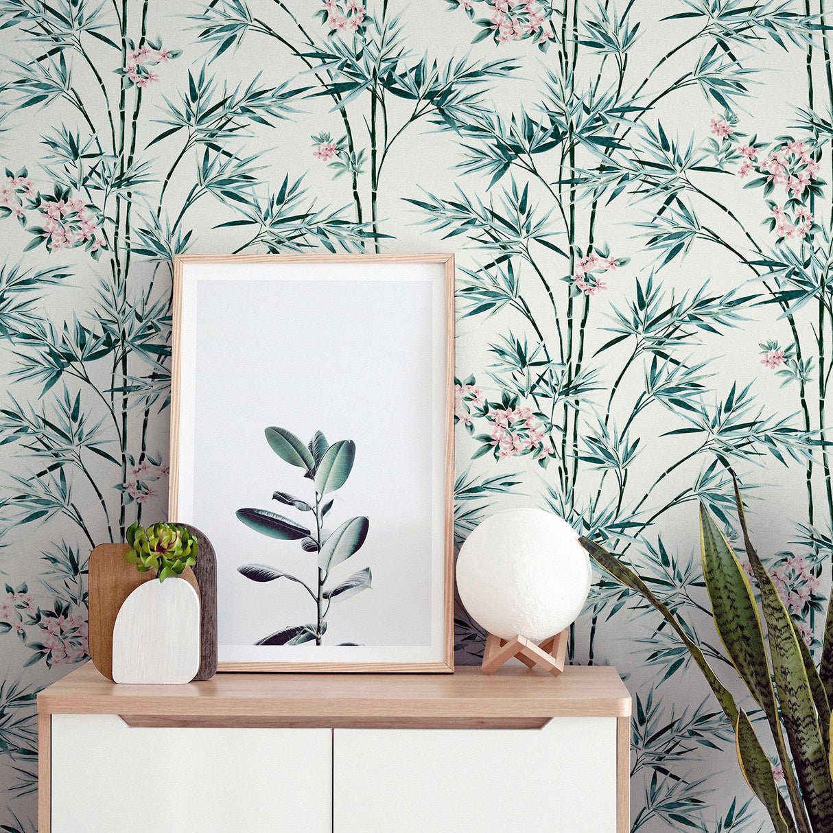 Ayumi White Glitter Bamboo by Arthouse Whimsical Botanical Bamboo and Delicate Pink Floral Wallpaper with Shimmer Glitter Finish - AH692509