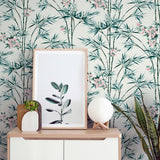 Ayumi White Glitter Bamboo by Arthouse Whimsical Botanical Bamboo and Delicate Pink Floral Wallpaper with Shimmer Glitter Finish - AH692509